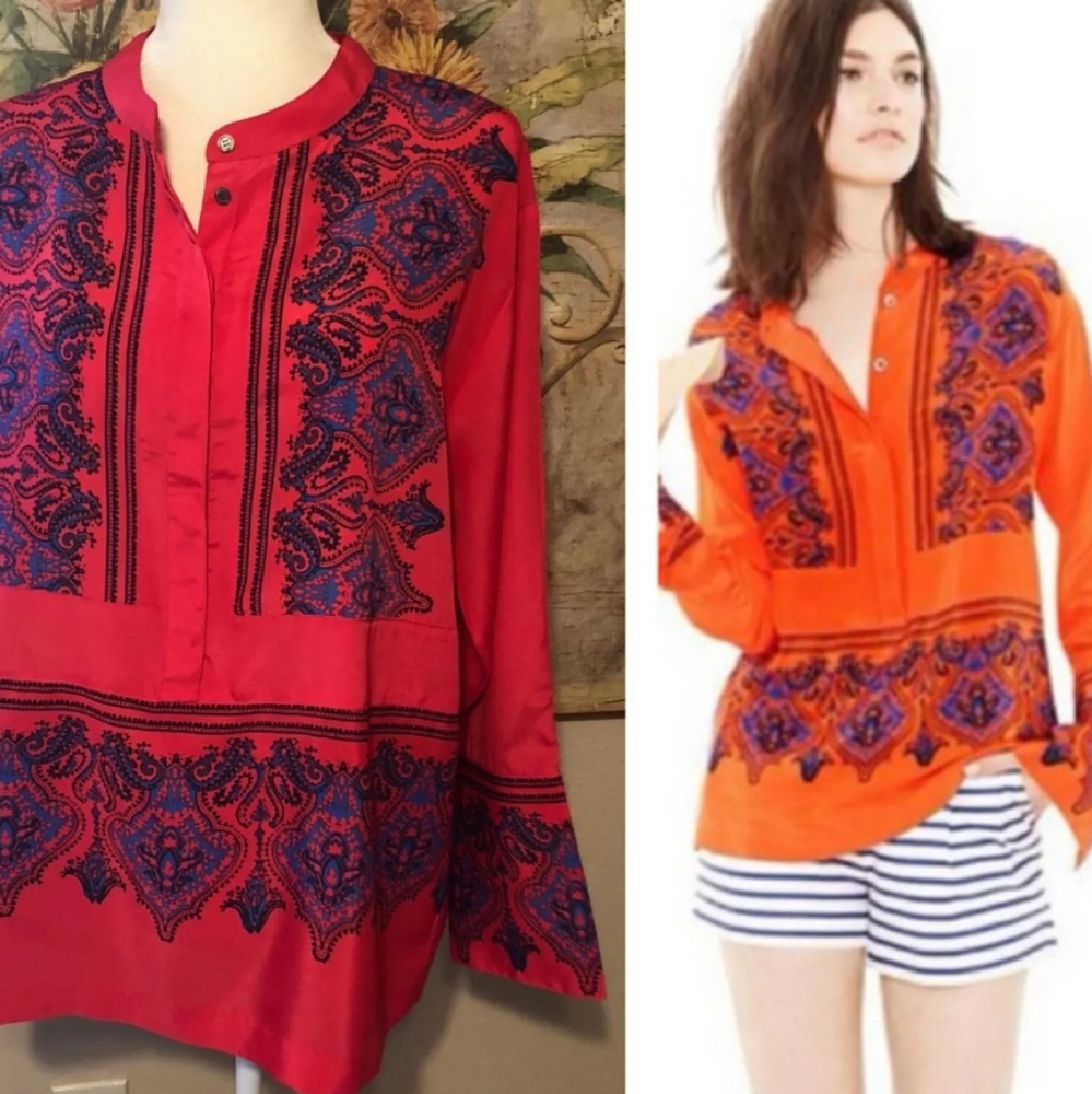 J. Crew Red Tunic Top with Blue Paisley Print